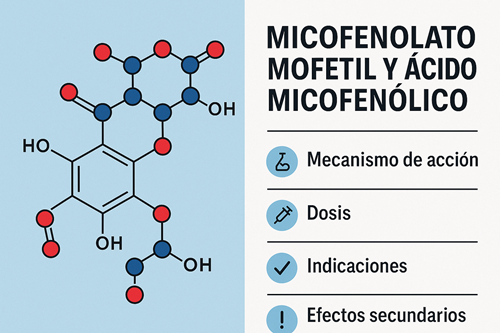 Ilustración del micofenolato mofetil y ácido micofenólico, mostrando su estructura molecular y principales usos clínicos como inmunosupresores