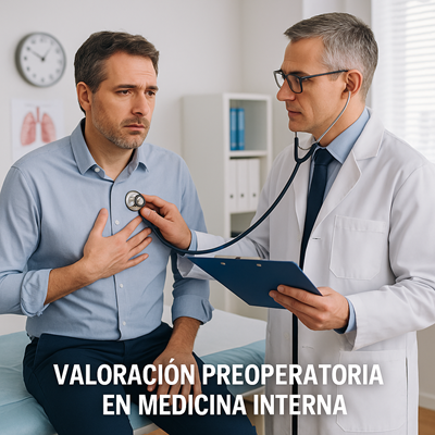 El médico internista realiza una valoración preoperatoria detallada, evaluando el estado cardiovascular y general del paciente antes de una intervención quirúrgica