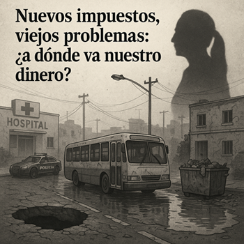 La sombra del poder proyectada sobre una ciudad en ruinas: los nuevos impuestos en México contrastan con calles deterioradas, transporte deficiente y servicios públicos olvidados.