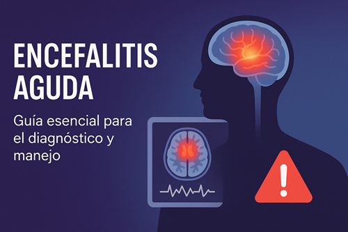 Ilustración médica que representa la encefalitis aguda, con el cerebro resaltado en tonos rojos y anaranjados para simbolizar la inflamación.