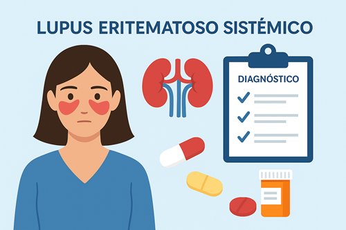 Ilustración médica del Lupus Eritematoso Sistémico (LES) mostrando el eritema malar clásico, afectación renal y tratamiento farmacológico