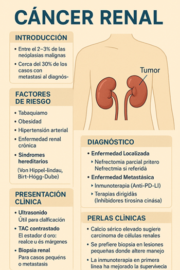 Infografía educativa sobre cáncer renal: factores de riesgo, diagnóstico y puntos clave para la práctica clínica.
