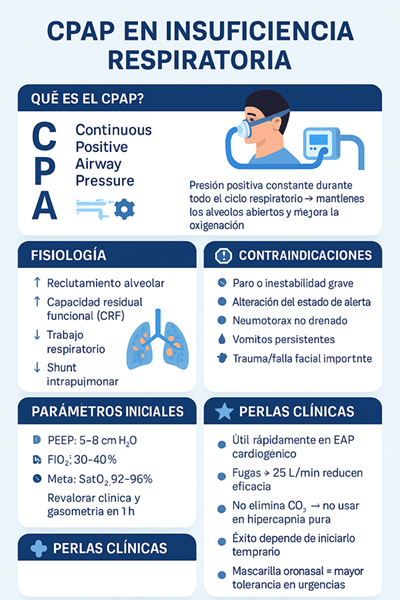 Resumen visual del uso clínico del CPAP en la insuficiencia respiratoria: fisiología, indicaciones, contraindicaciones y perlas prácticas para su aplicación en urgencias y cuidados críticos.