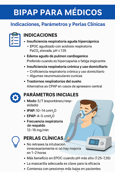 Infografía clínica sobre BIPAP: indicaciones, parámetros iniciales y puntos clave para el manejo seguro de la insuficiencia respiratoria en urgencias y medicina interna