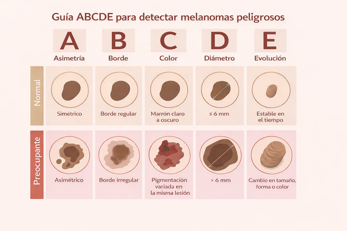 Guía clínica ABCDE para la detección de melanomas: compara características de lesiones cutáneas normales (simetría, bordes regulares, color uniforme, diámetro ≤6 mm y estabilidad) frente a signos de alarma (asimetría, bordes irregulares, color heterogéneo, diámetro >6 mm y evolución progresiva), fundamentales para la identificación temprana de lesiones sospechosas.