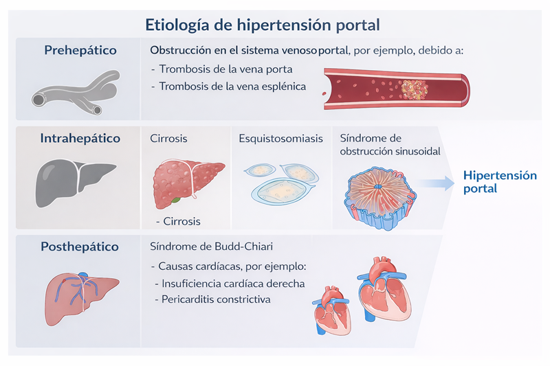 Clasificación etiológica de la hipertensión portal según el sitio de obstrucción del flujo sanguíneo: causas prehepáticas (trombosis portal y esplénica), intrahepáticas (cirrosis, esquistosomiasis y síndrome de obstrucción sinusoidal) y posthepáticas (síndrome de Budd-Chiari y enfermedades cardíacas como insuficiencia cardíaca derecha y pericarditis constrictiva).