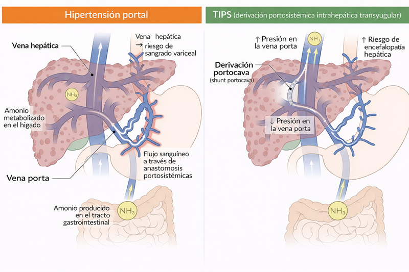 Comparación esquemática entre la hipertensión portal (izquierda) y la colocación de un TIPS (derivación portosistémica intrahepática transyugular) (derecha). En la hipertensión portal, el aumento de la presión en la vena porta favorece el desarrollo de anastomosis portosistémicas y várices esofágicas, con riesgo de sangrado. Tras la colocación del TIPS, se crea una comunicación entre la vena porta y la vena hepática que disminuye la presión portal y reduce el riesgo de sangrado variceal; sin embargo, al desviar el flujo hepático, puede incrementar el riesgo de encefalopatía hepática por menor metabolismo de toxinas como el amonio.